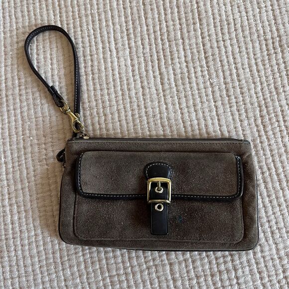 COACH Suede Leather Wristlet Front Pocket Brown Gold Hardware 7.5in Vintage Y2K - Picture 1 of 10